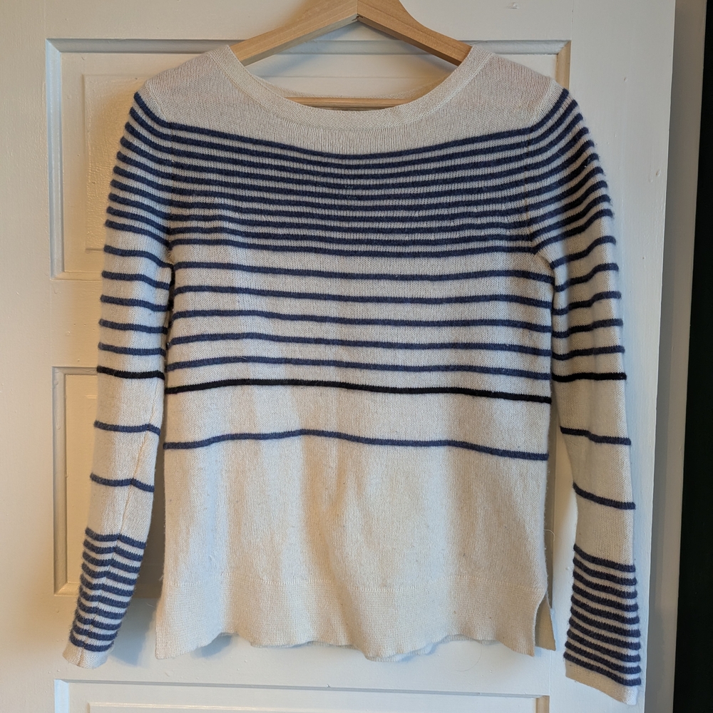 White + Warren Navy and Cream Striped Sweater